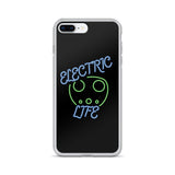 Tesla inspired apparel. EV car charger. Electric Life image centered on iPhone phone case.