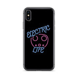 Tesla inspired apparel. EV car charger. Electric Life image centered on iPhone phone case.