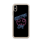 Tesla inspired apparel. EV car charger. Electric Life image centered on iPhone phone case.