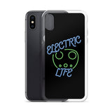 Tesla inspired apparel. EV car charger. Electric Life image centered on iPhone phone case.