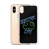 Tesla inspired apparel. EV car charger. Electric Life image centered on iPhone phone case.