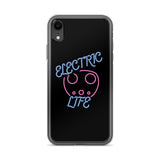 Tesla inspired apparel. EV car charger. Electric Life image centered on iPhone phone case.