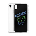Tesla inspired apparel. EV car charger. Electric Life image centered on iPhone phone case.