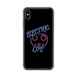Tesla inspired apparel. EV car charger. Electric Life image centered on iPhone phone case.