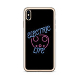 Tesla inspired apparel. EV car charger. Electric Life image centered on iPhone phone case.