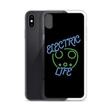 Tesla inspired apparel. EV car charger. Electric Life image centered on iPhone phone case.