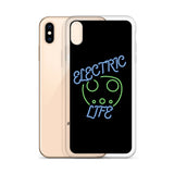 Tesla inspired apparel. EV car charger. Electric Life image centered on iPhone phone case.