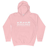 Tesla inspired apparel.  Elon Musk missing deadlines since day one. Deadlines image centered on kids hoodie.