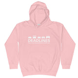 Tesla inspired apparel.  Elon Musk missing deadlines since day one. Deadlines image centered on kids hoodie.