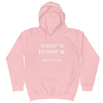Tesla inspired apparel. Fremont Gigafactory GPS coordinates. Birthplace Fremont image centered on kids hoodie.