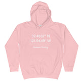 Tesla inspired apparel. Fremont Gigafactory GPS coordinates. Birthplace Fremont image centered on kids hoodie.