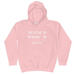 Tesla inspired apparel. Texas Gigafactory GPS coordinates. Birthplace Texas image centered on kids hoodie.