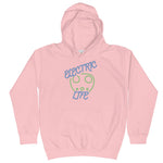 Tesla inspired apparel. EV car charger. Electric Life image centered on kids hoodie.