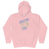Tesla inspired apparel. EV car charger. Electric Life image centered on kids hoodie.