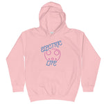Tesla inspired apparel. EV car charger. Electric Life image centered on kids hoodie.