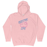 Tesla inspired apparel. EV car charger. Electric Life image centered on kids hoodie.