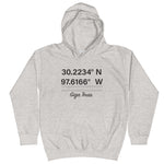 Tesla inspired apparel. Texas Gigafactory GPS coordinates. Birthplace Texas image centered on kids hoodie.