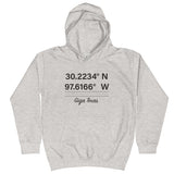 Tesla inspired apparel. Texas Gigafactory GPS coordinates. Birthplace Texas image centered on kids hoodie.