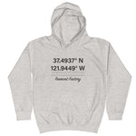Tesla inspired apparel. Fremont Gigafactory GPS coordinates. Birthplace Fremont image centered on kids hoodie.