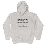 Tesla inspired apparel. Fremont Gigafactory GPS coordinates. Birthplace Fremont image centered on kids hoodie.