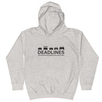 Tesla inspired apparel.  Elon Musk missing deadlines since day one. Deadlines image centered on kids hoodie.