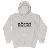 Tesla inspired apparel.  Elon Musk missing deadlines since day one. Deadlines image centered on kids hoodie.