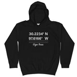 Tesla inspired apparel. Texas Gigafactory GPS coordinates. Birthplace Texas image centered on kids hoodie.