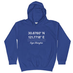 Tesla inspired apparel. Shanghai Gigafactory GPS coordinates. Birthplace Shanghai image centered on kids hoodie.