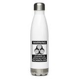 Tesla inspired apparel. Elon Musk quote. Cybertruck. Leader In Apocalypse Technology image centered on water bottle.