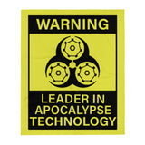 Tesla inspired apparel. Elon Musk quote. Cybertruck. Leader In Apocalypse Technology image centered on throw blanket.