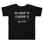 Tesla inspired apparel. Berlin Gigafactory GPS coordinates. Birthplace Berlin image centered on toddler t-shirt.