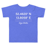 Tesla inspired apparel. Berlin Gigafactory GPS coordinates. Birthplace Berlin image centered on toddler t-shirt.