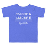 Tesla inspired apparel. Berlin Gigafactory GPS coordinates. Birthplace Berlin image centered on toddler t-shirt.