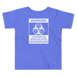 Tesla inspired apparel. Elon Musk quote. Cybertruck. Leader In Apocalypse Technology image centered on toddler t-shirt.