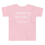 Tesla inspired apparel. Shanghai Gigafactory GPS coordinates. Birthplace Shanghai image centered on toddler t-shirt.