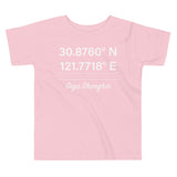 Tesla inspired apparel. Shanghai Gigafactory GPS coordinates. Birthplace Shanghai image centered on toddler t-shirt.