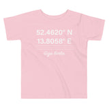 Tesla inspired apparel. Berlin Gigafactory GPS coordinates. Birthplace Berlin image centered on toddler t-shirt.