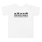 Tesla inspired apparel.  Elon Musk missing deadlines since day one. Deadlines image centered on toddler t-shirt.
