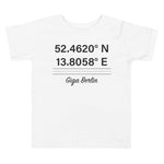 Tesla inspired apparel. Berlin Gigafactory GPS coordinates. Birthplace Berlin image centered on toddler t-shirt.
