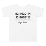 Tesla inspired apparel. Berlin Gigafactory GPS coordinates. Birthplace Berlin image centered on toddler t-shirt.
