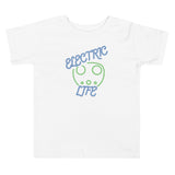 Tesla inspired apparel. EV car charger. Electric Life image centered on toddler t-shirt.