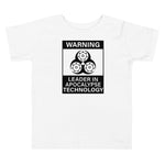 Tesla inspired apparel. Elon Musk quote. Cybertruck. Leader In Apocalypse Technology image centered on toddler t-shirt.
