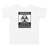 Tesla inspired apparel. Elon Musk quote. Cybertruck. Leader In Apocalypse Technology image centered on toddler t-shirt.