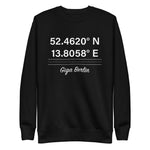 Tesla inspired apparel. Berlin Gigafactory GPS coordinates. Birthplace Berlin image centered on pullover sweatshirt.