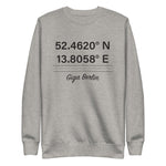 Tesla inspired apparel. Berlin Gigafactory GPS coordinates. Birthplace Berlin image centered on pullover sweatshirt.