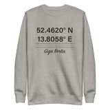 Tesla inspired apparel. Berlin Gigafactory GPS coordinates. Birthplace Berlin image centered on pullover sweatshirt.