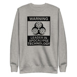Tesla inspired apparel. Elon Musk quote. Cybertruck. Leader In Apocalypse Technology image centered on pullover sweatshirt.