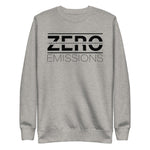 Tesla inspired apparel. EV no emissions. Electric Vehicle Car. Zero Emissions image centered on pullover sweatshirt.