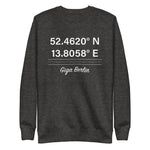 Tesla inspired apparel. Berlin Gigafactory GPS coordinates. Birthplace Berlin image centered on pullover sweatshirt.