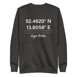 Tesla inspired apparel. Berlin Gigafactory GPS coordinates. Birthplace Berlin image centered on pullover sweatshirt.